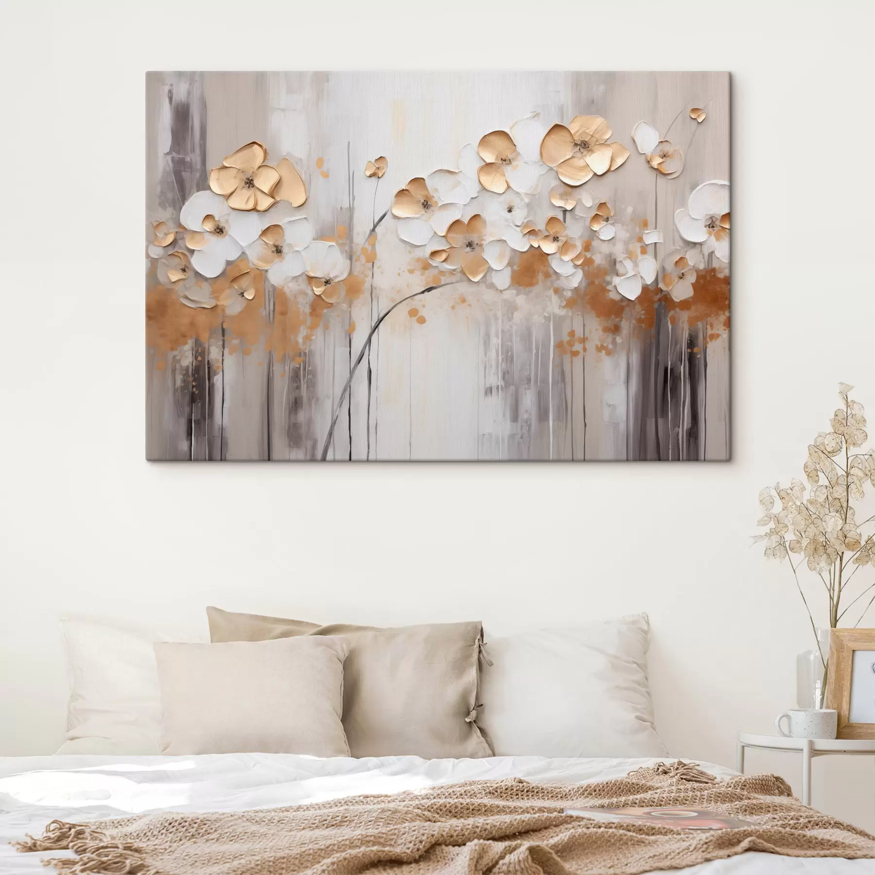 wall murals Flowers with textured petals on a soft, muted background with abstract splashes of color and vertical lines  s42713