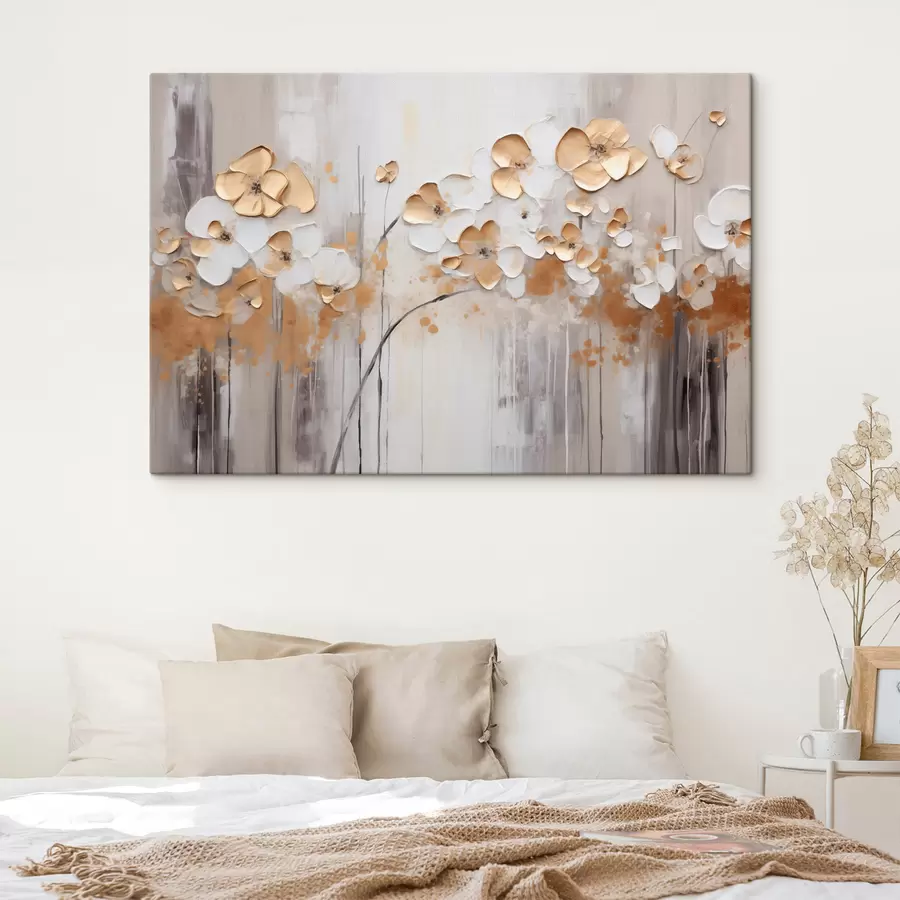 wall murals Flowers with textured petals on a soft, muted background with abstract splashes of color and vertical lines  s42713