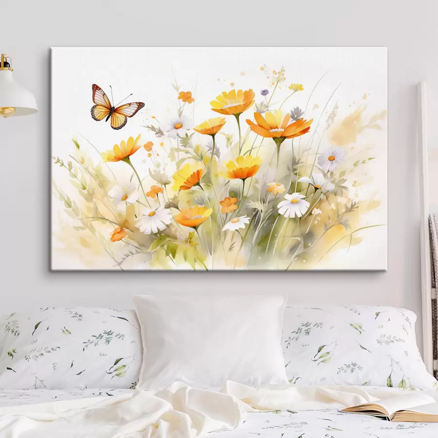 wall murals A vibrant watercolor-like field of flowers featuring orange and white daisies, with a butterfly fluttering nearby s42714