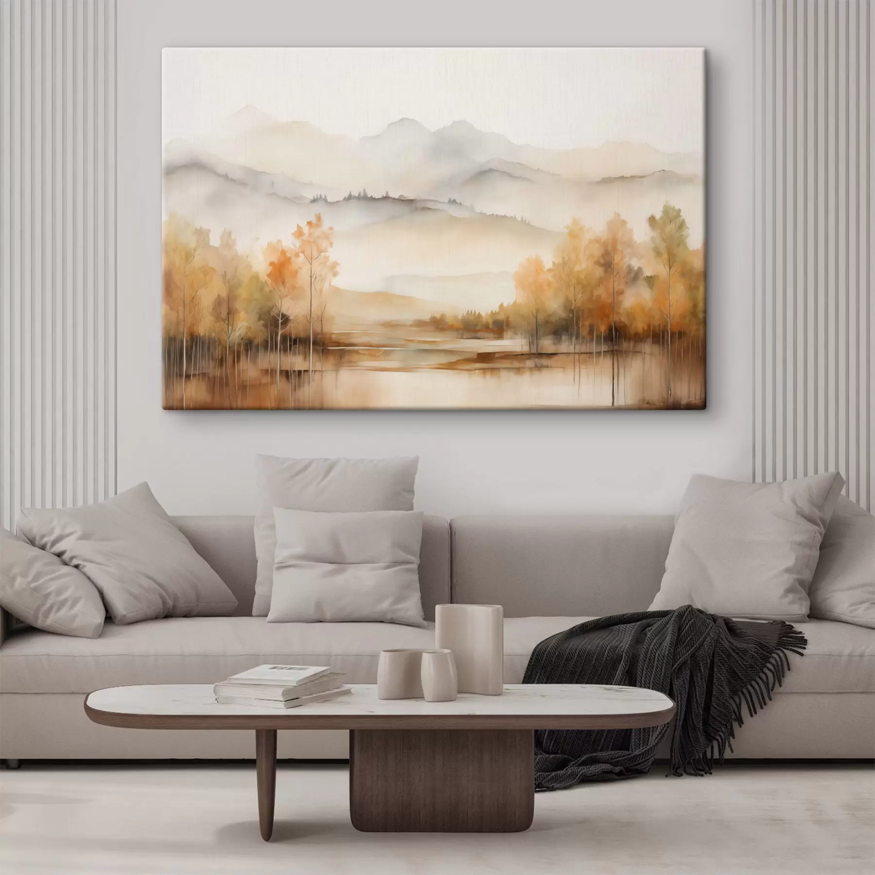 murales Paisaje de suaves montañas con un tranquilo lago que refleja el paisaje y árboles de follaje anaranjado s42716