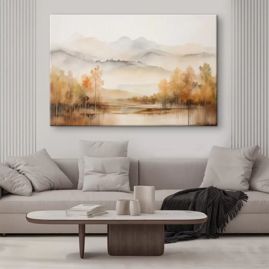 murales Paisaje de suaves montañas con un tranquilo lago que refleja el paisaje y árboles de follaje anaranjado s42716