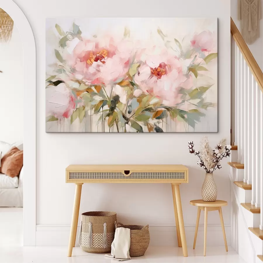 wall murals Oil painting imitation of large pink peonies with soft petals and yellow centers, surrounded by green leaves  s42720