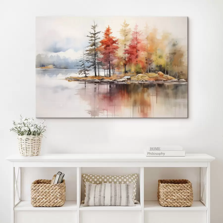 wall murals Watercolor-like landscape with a lake surrounded by trees in vibrant autumn colors s42727
