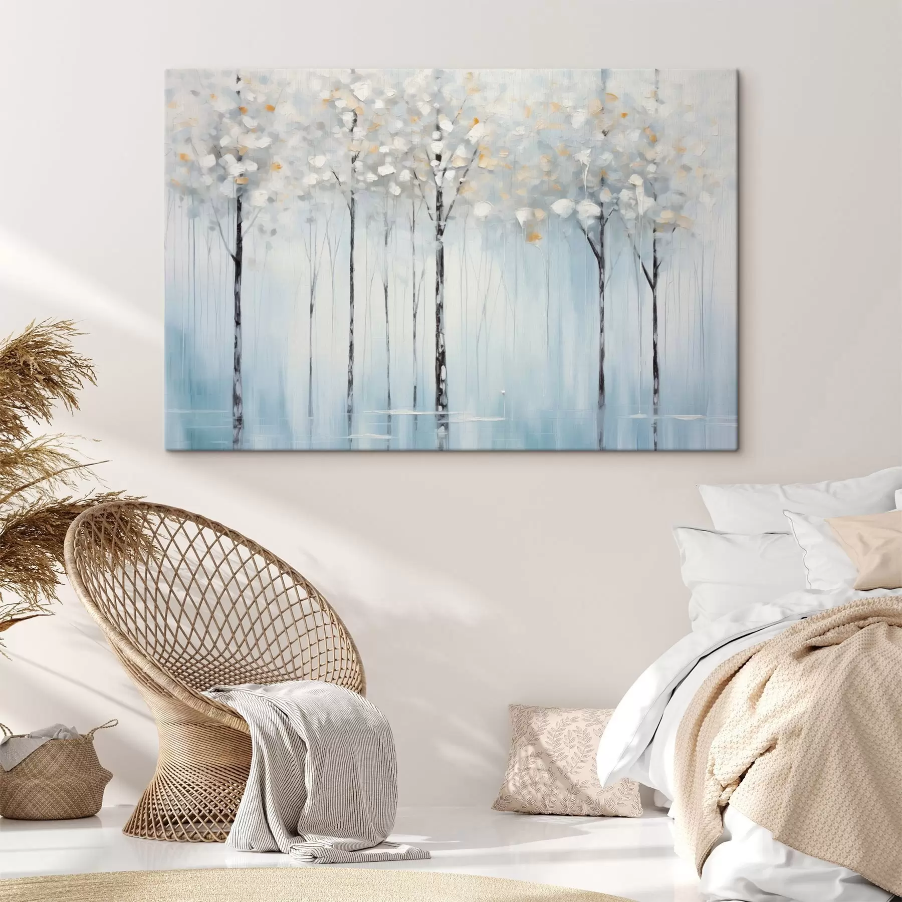 wall murals Tall, slender trees with blue leaves and hints of yellow on a soft blue background, oil painting imitation s42731