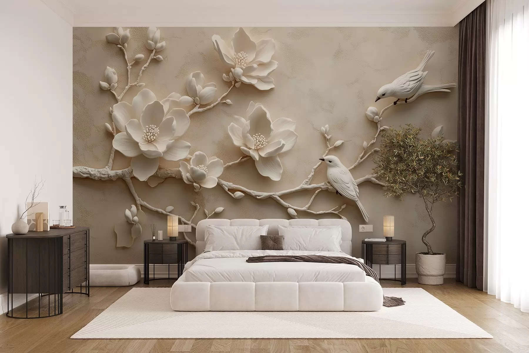 wall murals 3D magnolia branches with birds on them w08690