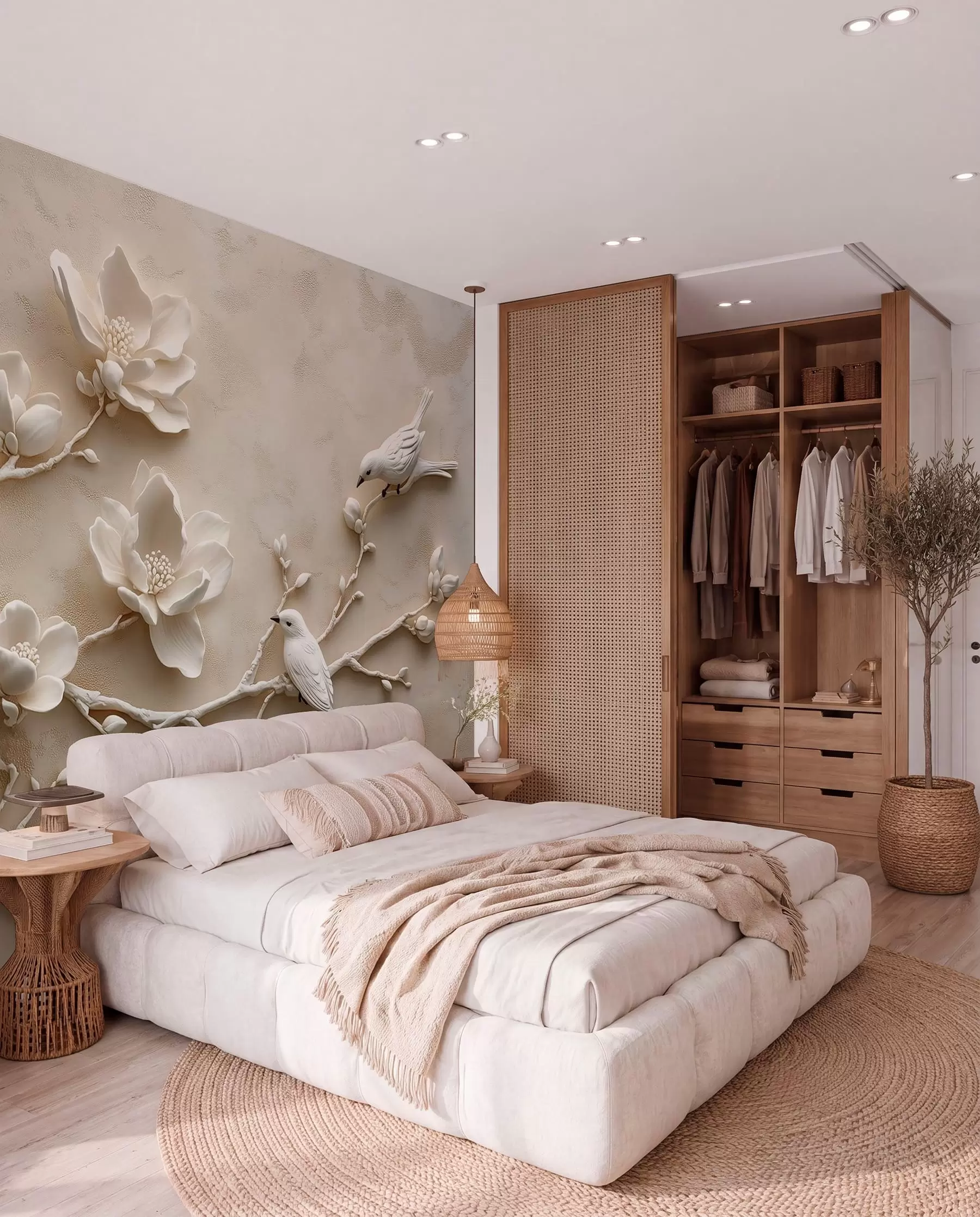 peintures murales branches de magnolia en 3D avec des oiseaux w08690