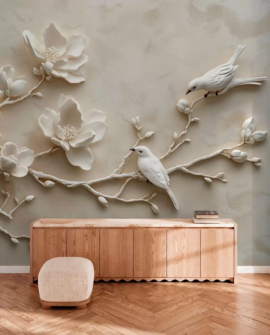 peintures murales branches de magnolia en 3D avec des oiseaux w08690
