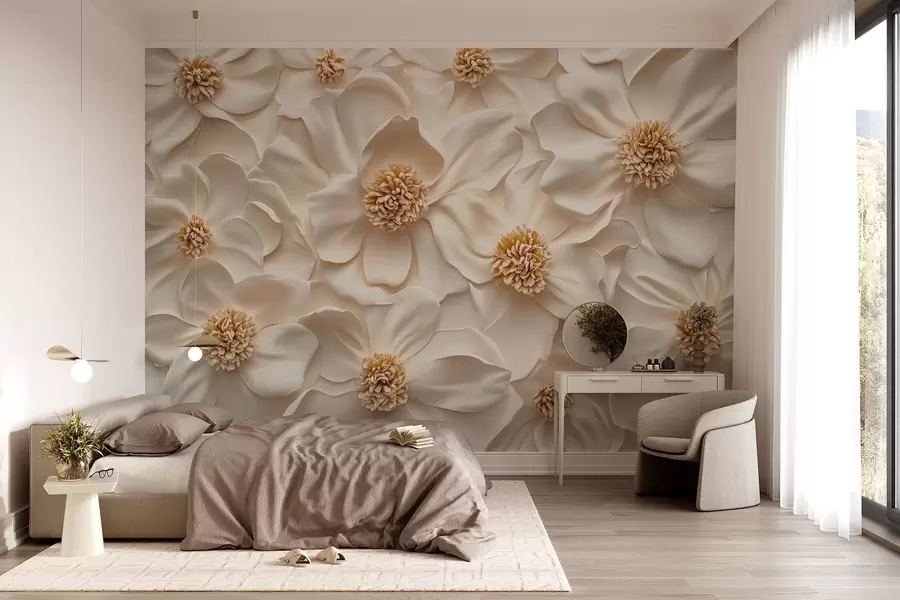 murales composición floral en 3D de color beige con toques amarillos w08691