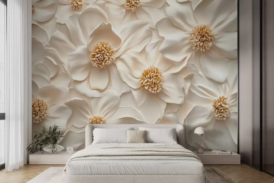 murais de parede composição floral em 3D bege com pormenores em amarelo w08691