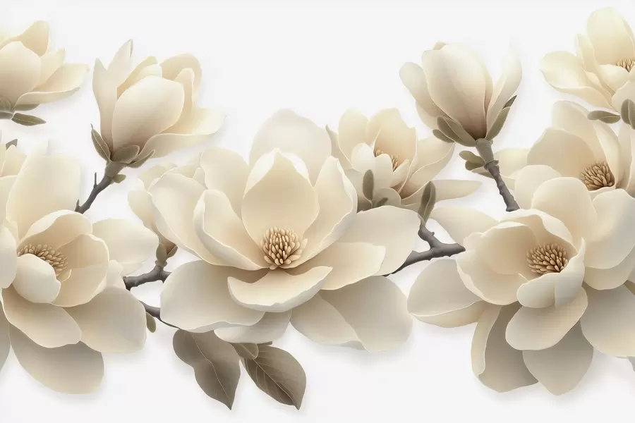 peintures murales Fleurs de magnolia beige épanouies dans un ton crémeux sur fond blanc w08692