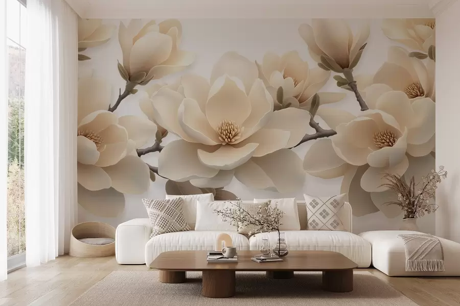 murales Flores de magnolia beige en tono crema sobre fondo blanco w08692