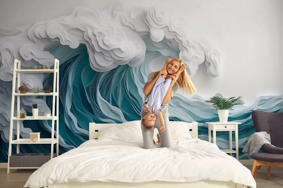 Wall Mural Photo Wallpaper Foaming ocean wave in a paper-cut style w08694