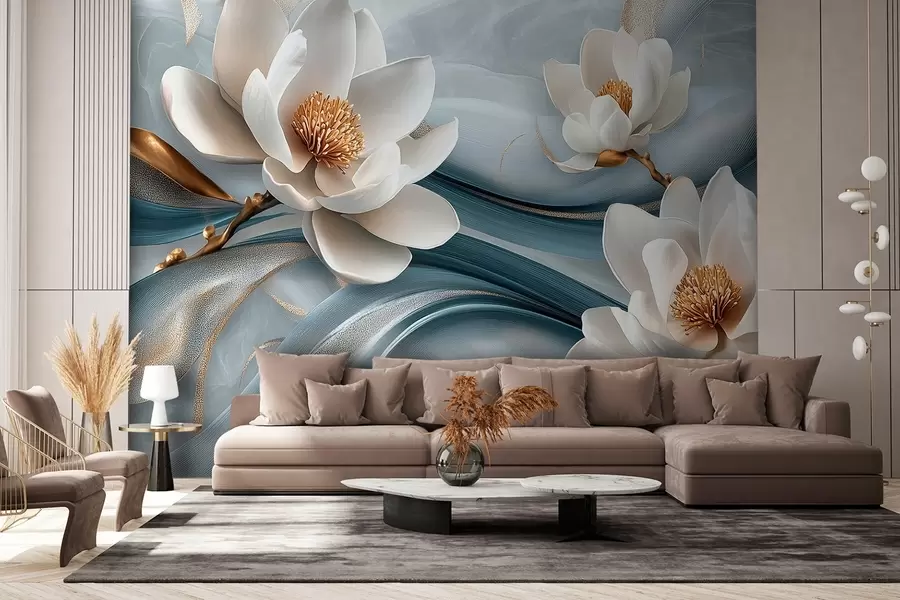 wall murals Magnolia flowers combined with blue, white, and yellow tones with abstract waves w08695