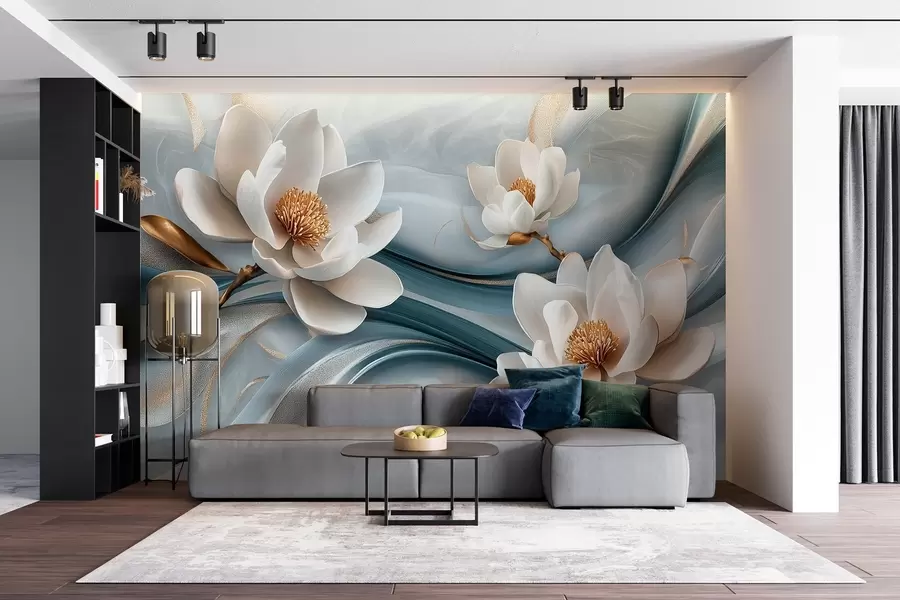 murales Flores de magnolia combinadas con tonos azules, blancos y amarillos con ondas abstractas w08695