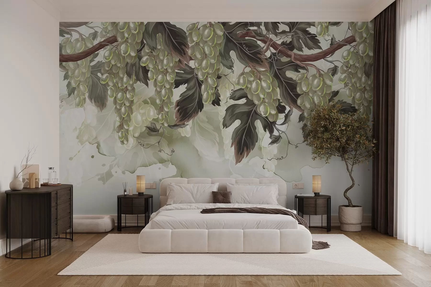 Wall Mural Photo Wallpaper Grapes hanging from a vine with green leaves, against a light-colored background with watercolor-like textures w08696