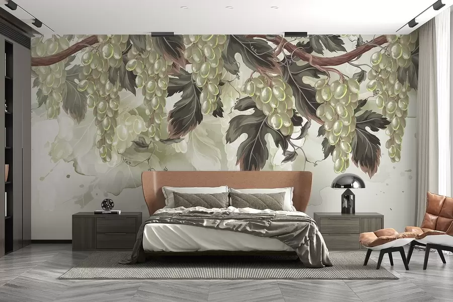 murales Uvas colgando de una parra con hojas verdes, sobre un fondo claro con texturas tipo acuarela w08696