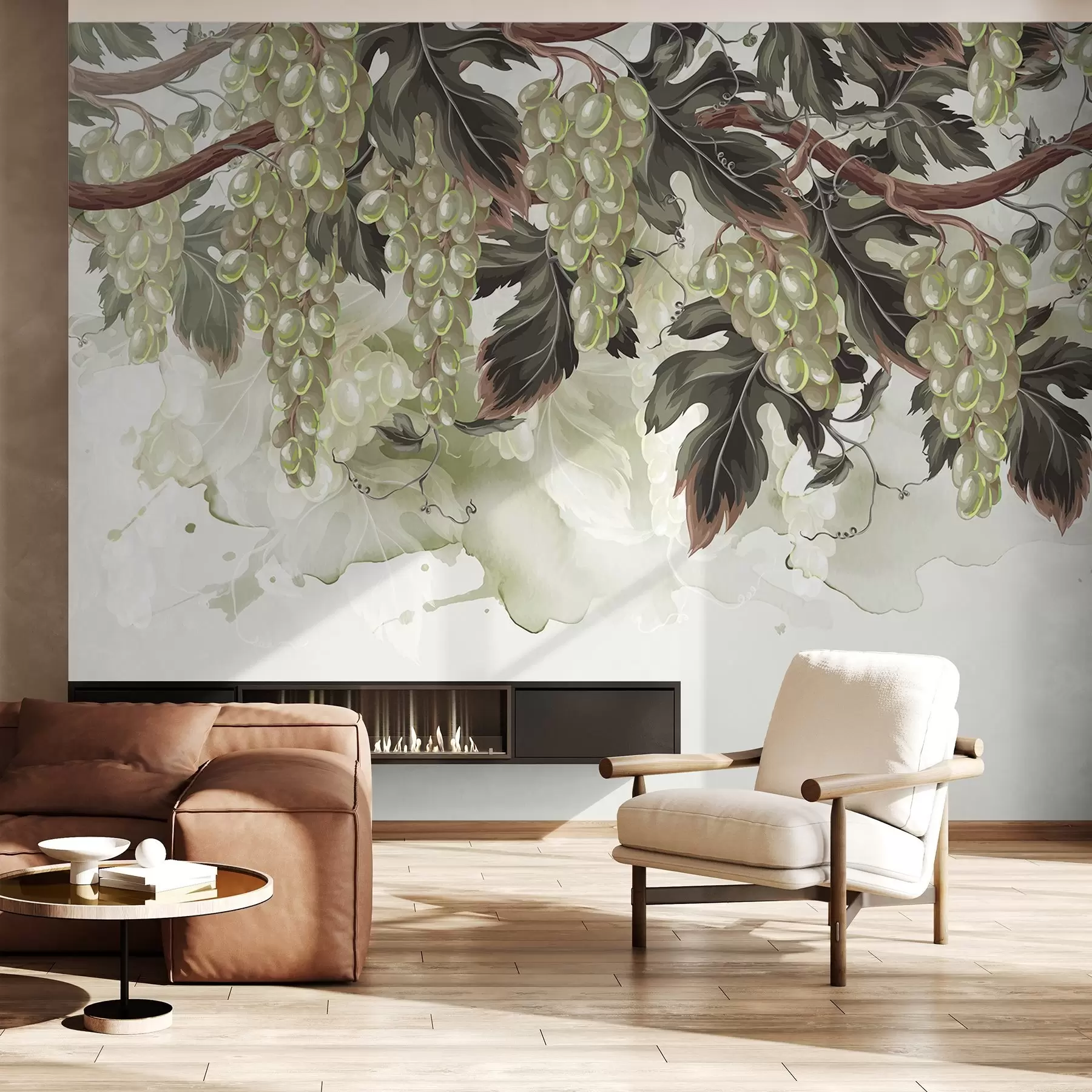 wall murals Grapes hanging from a vine with green leaves, against a light-colored background with watercolor-like textures w08696