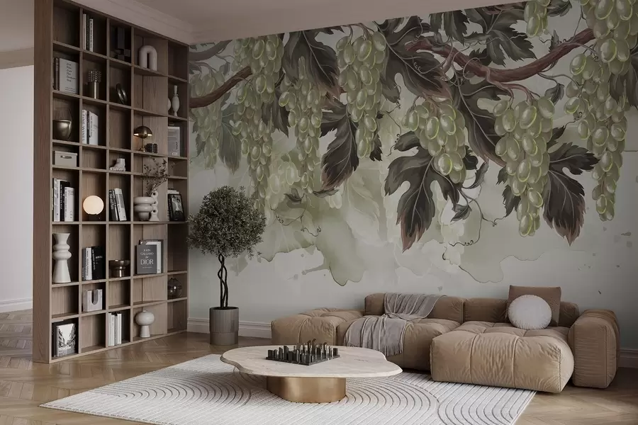 murales Uvas colgando de una parra con hojas verdes, sobre un fondo claro con texturas tipo acuarela w08696