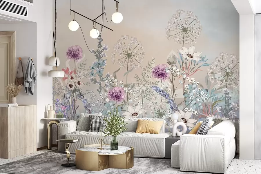 murales Un vibrante jardín floral con varias flores y hierba sobre un fondo con textura degradada de suaves colores pastel w08699