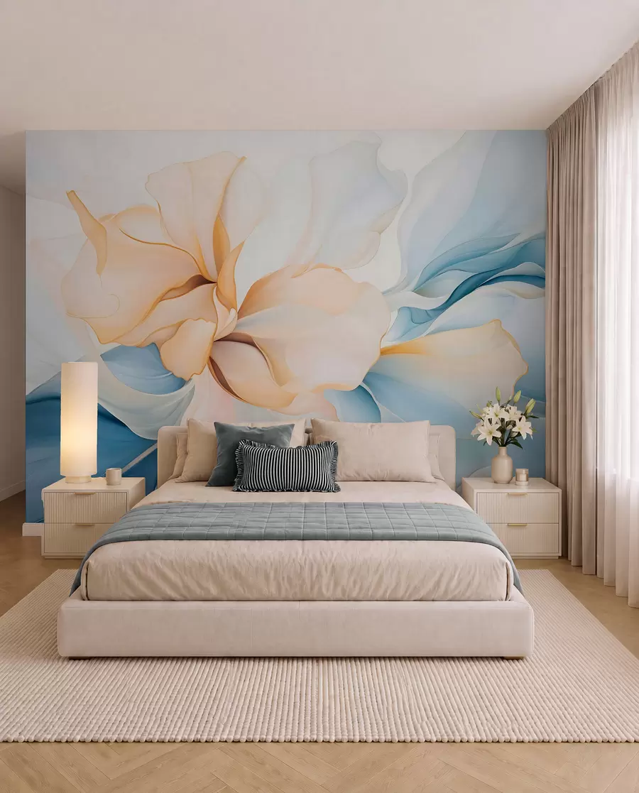 peintures murales Pétales floraux abstraits et fluides, translucides et superposés, aux couleurs pastel, dans les tons pêche et bleu w08701