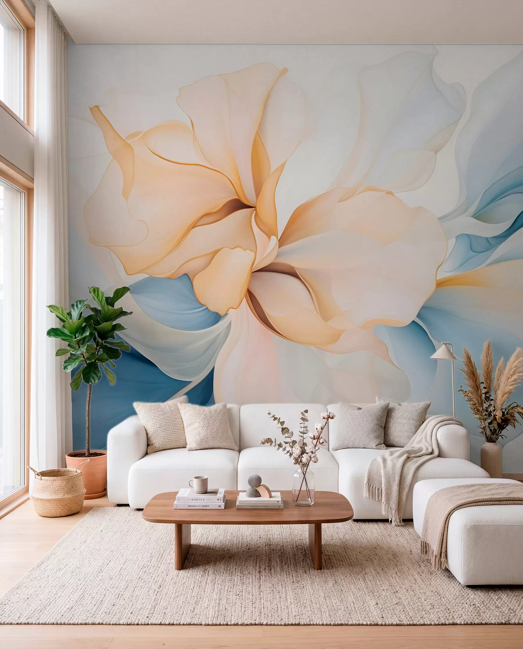 Wall Mural Photo Wallpaper Flowing abstract floral petals translucent and layered shapes in pastel colors, in peach and blue shades w08701