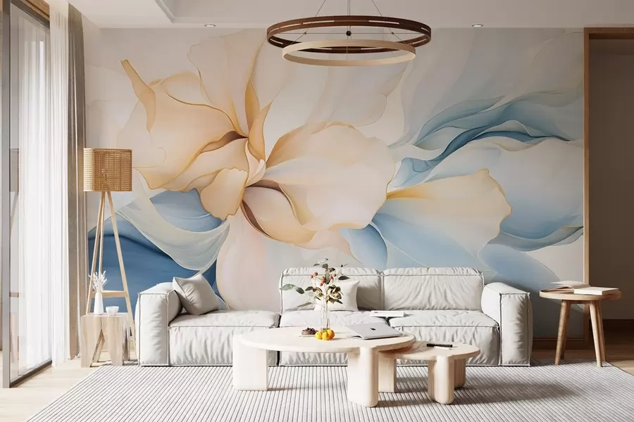 Wall Mural Photo Wallpaper Flowing abstract floral petals translucent and layered shapes in pastel colors, in peach and blue shades w08701