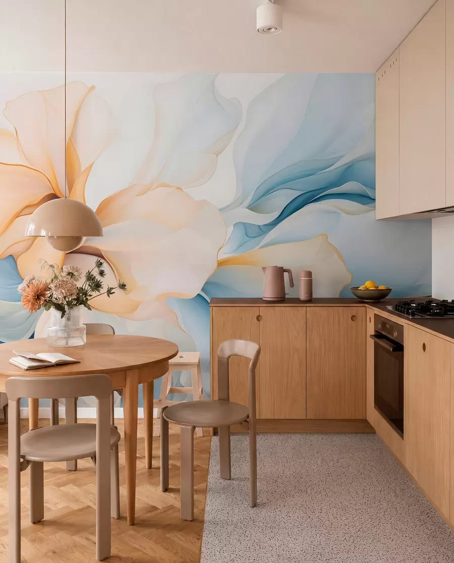 peintures murales Pétales floraux abstraits et fluides, translucides et superposés, aux couleurs pastel, dans les tons pêche et bleu w08701