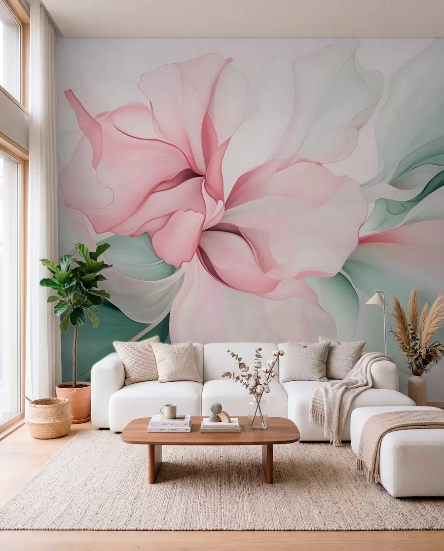 Wall Mural Photo Wallpaper Flowing abstract floral petals translucent and layered shapes in pastel colors, in pink and green shades w08701v1