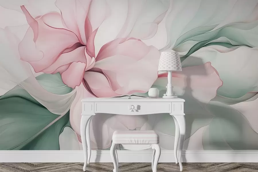 murales Pétalos florales abstractos fluidos de formas translúcidas y superpuestas en colores pastel, en tonos rosas y verdes w08701v1