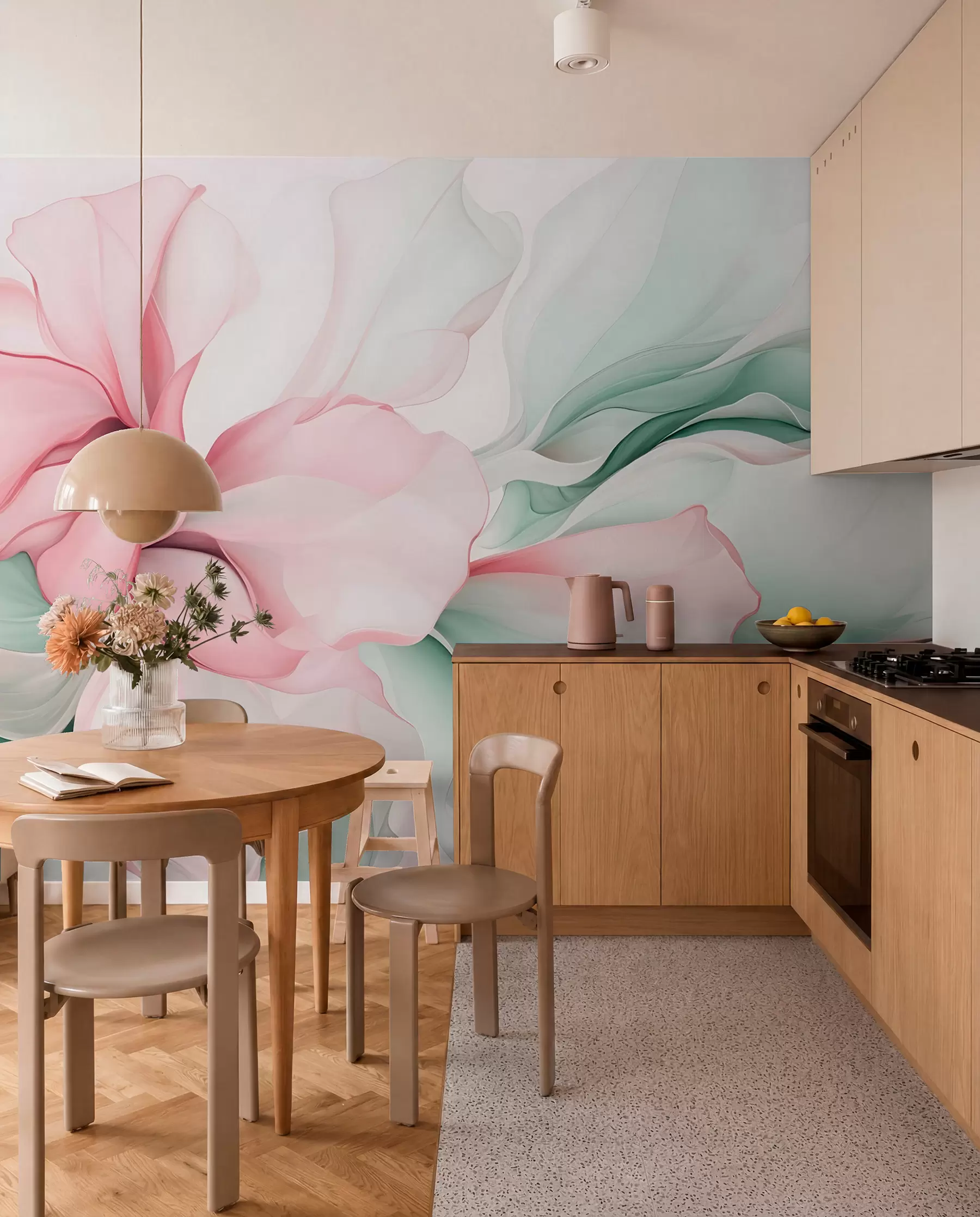 Wall Mural Photo Wallpaper Flowing abstract floral petals translucent and layered shapes in pastel colors, in pink and green shades w08701v1
