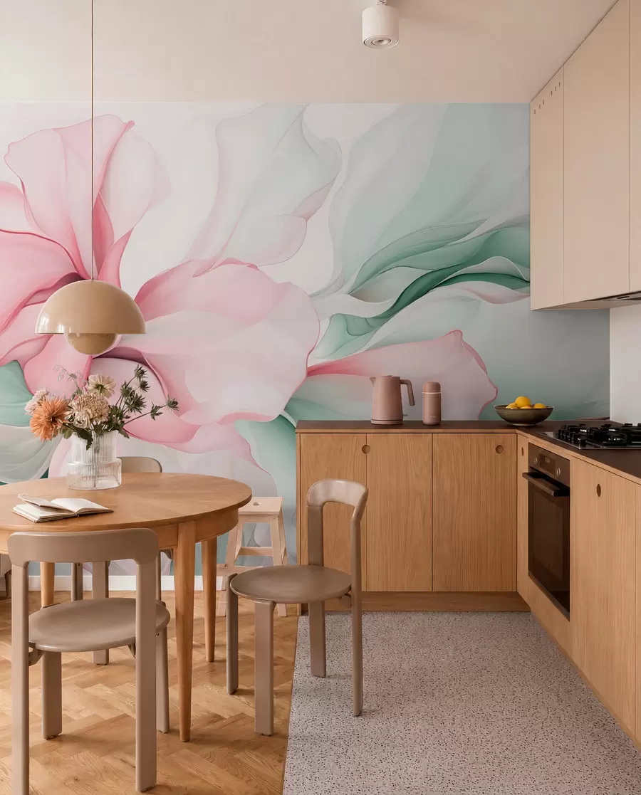 peintures murales Pétales floraux abstraits et fluides, translucides et superposés, aux couleurs pastel, dans les tons roses et verts w08701v1