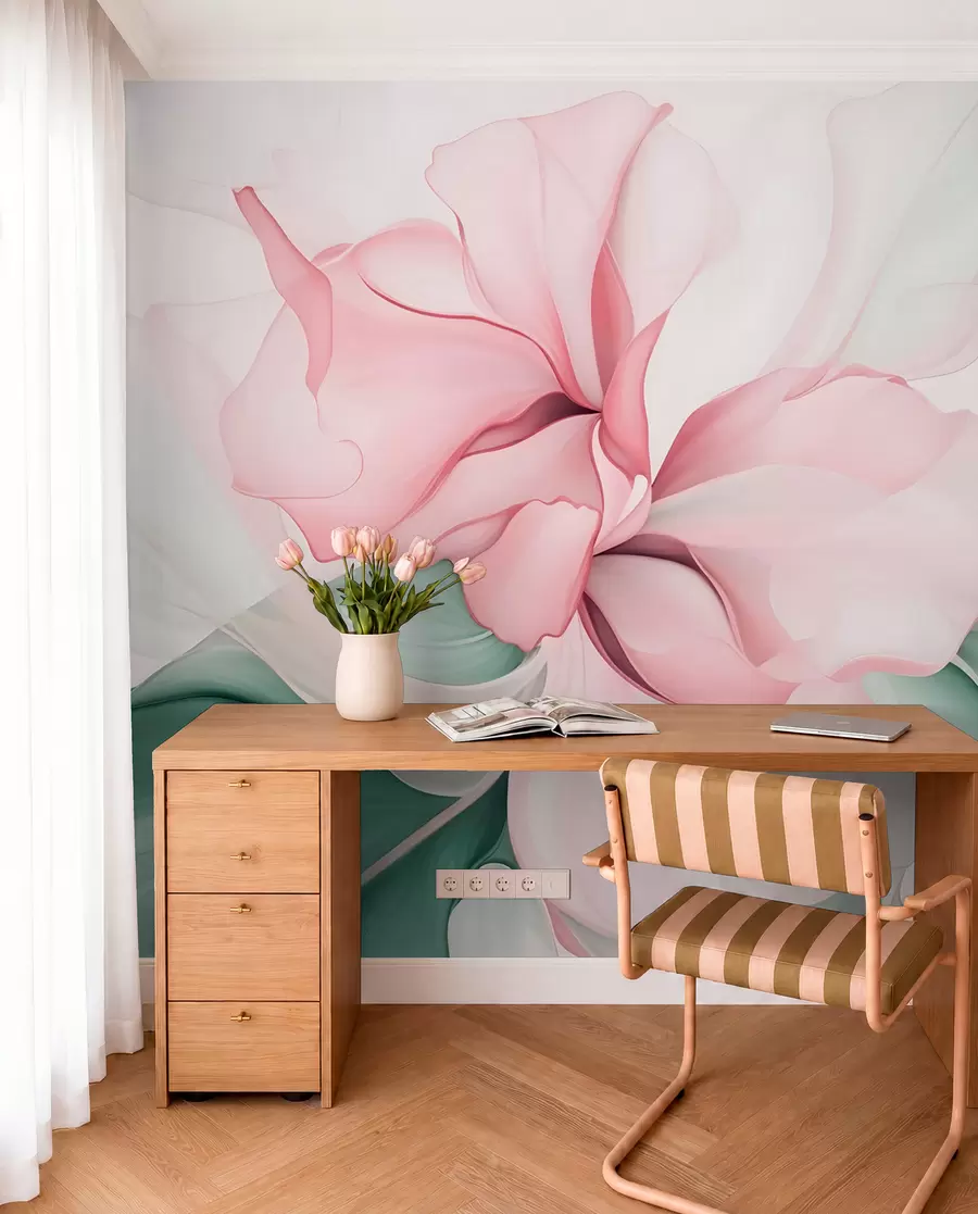 wall murals Flowing abstract floral petals translucent and layered shapes in pastel colors, in pink and green shades w08701v1