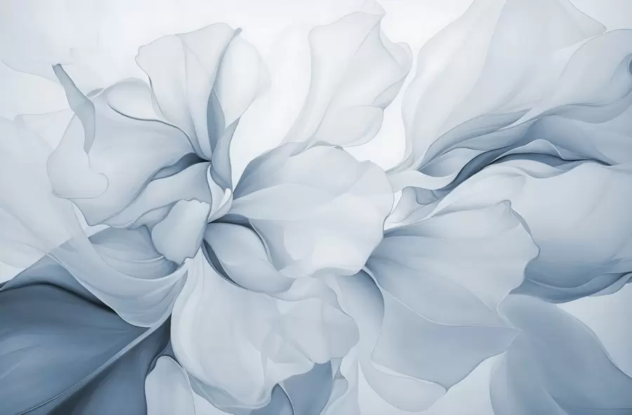wall murals Flowing abstract floral petals translucent and layered shapes in pastel colors, in blue shades w08701v2