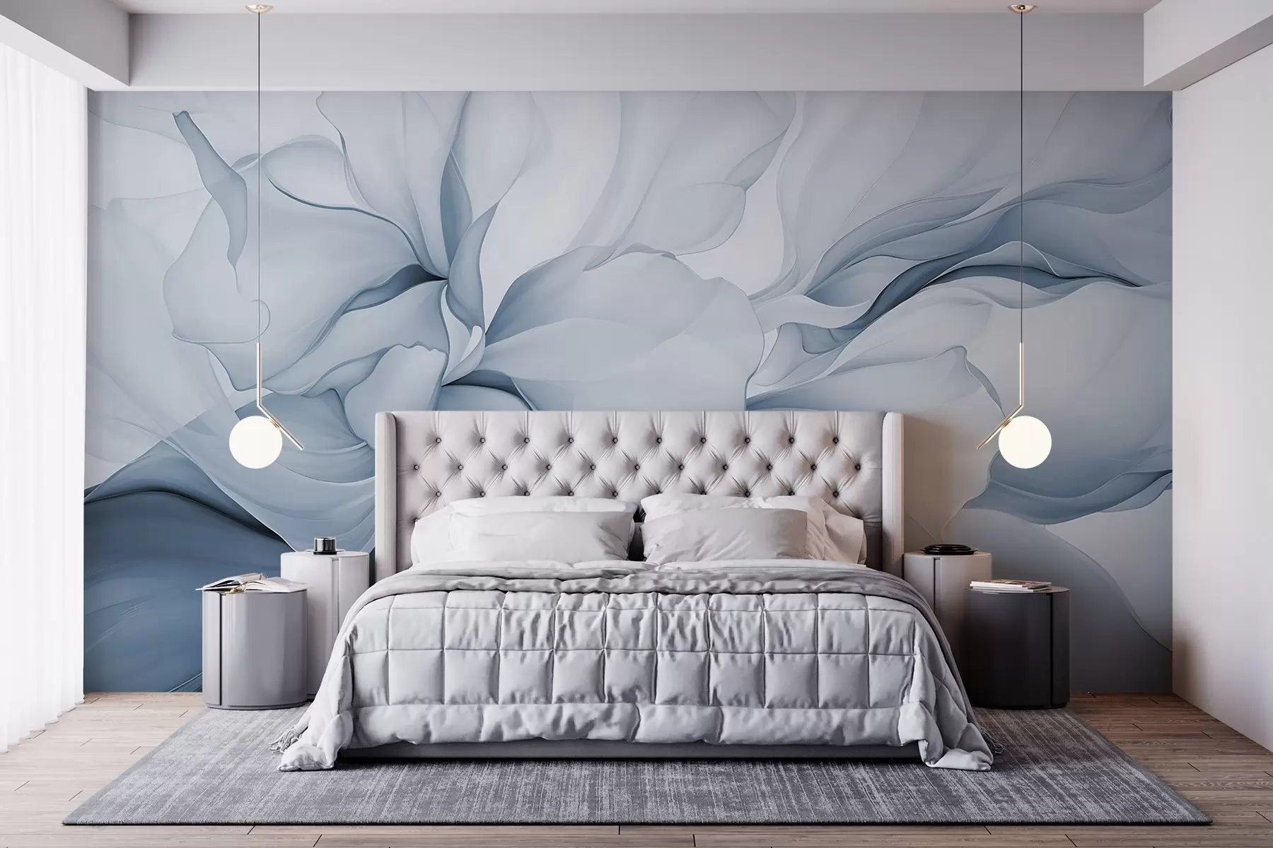Wall Mural Photo Wallpaper Flowing abstract floral petals translucent and layered shapes in pastel colors, in blue shades w08701v2