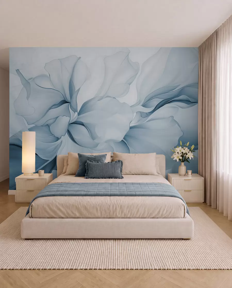 peintures murales Pétales floraux abstraits et fluides, formes translucides et superposées dans des couleurs pastel, dans des tons bleus w08701v2