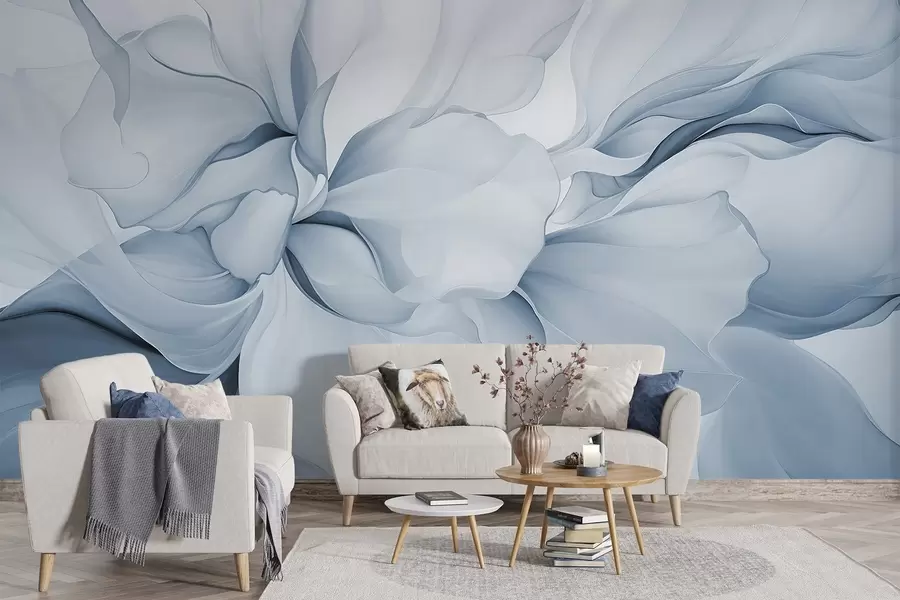 murales Pétalos florales abstractos fluidos de formas translúcidas y estratificadas en colores pastel, en tonos azules w08701v2
