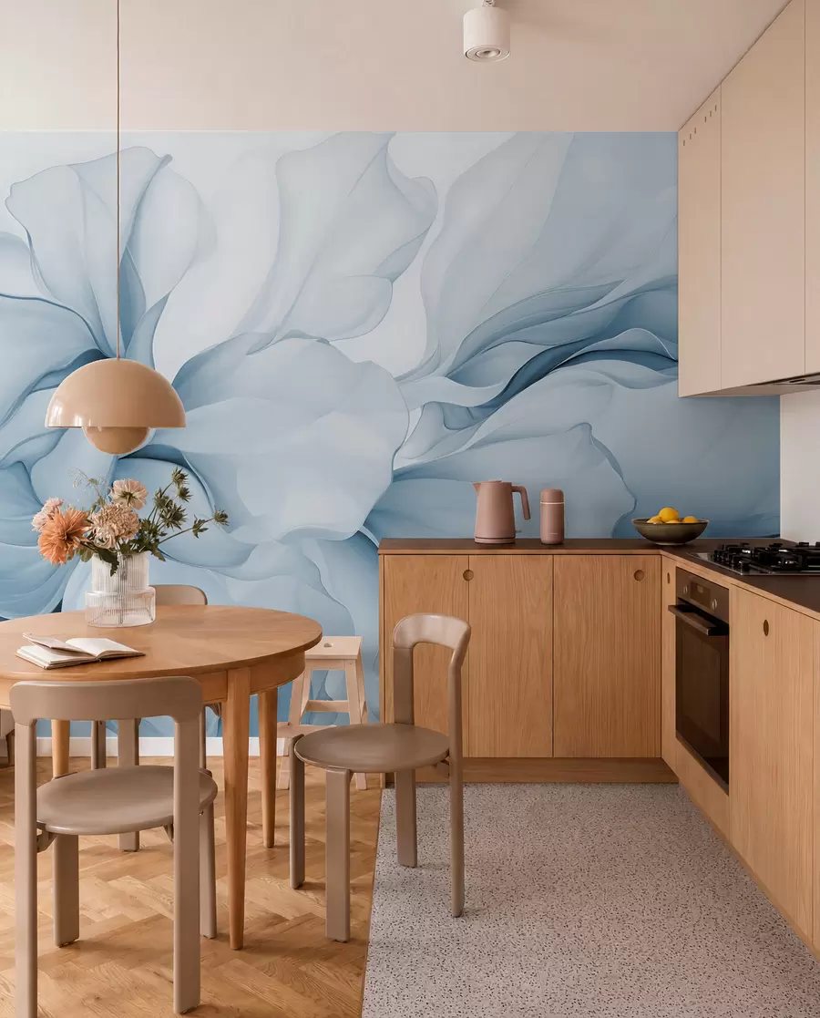 peintures murales Pétales floraux abstraits et fluides, formes translucides et superposées dans des couleurs pastel, dans des tons bleus w08701v2