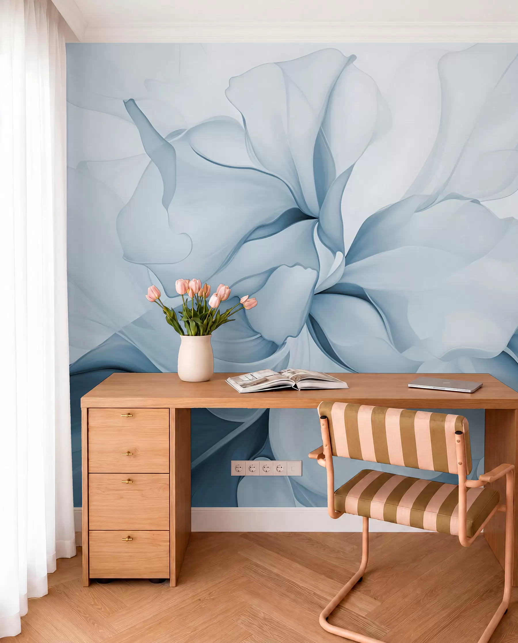wall murals Flowing abstract floral petals translucent and layered shapes in pastel colors, in blue shades w08701v2