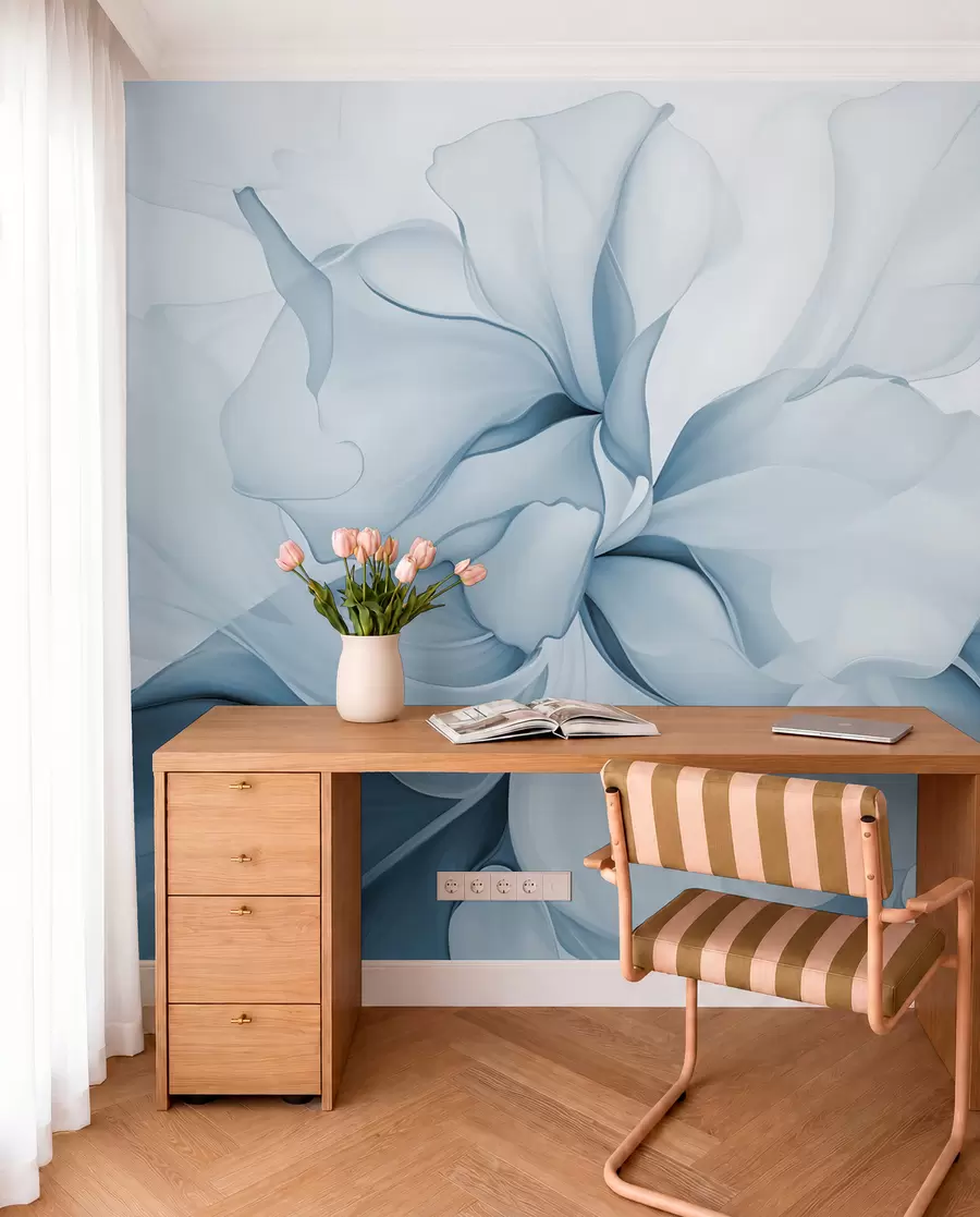 wall murals Flowing abstract floral petals translucent and layered shapes in pastel colors, in blue shades w08701v2