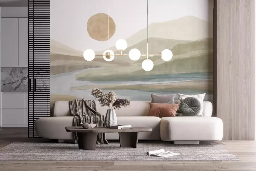 Wall Mural Photo Wallpaper A landscape of layered mountains with a gentle gradient, a winding river, muted orange sun in the sky w08702