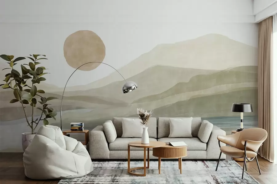 wall murals A landscape of layered mountains with a gentle gradient, a winding river, muted orange sun in the sky w08702