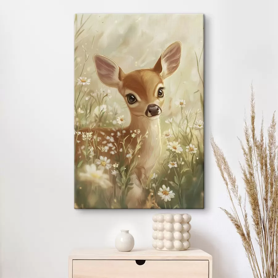 wall murals Cute deer in the meadow with daisy flowers, oil style drawing s42780