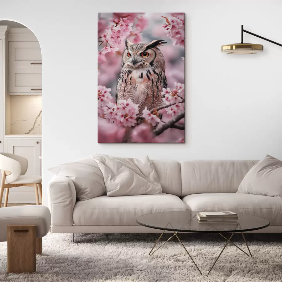 murales Hermoso búho en la rama de un cerezo, naturaleza, realismo s42784