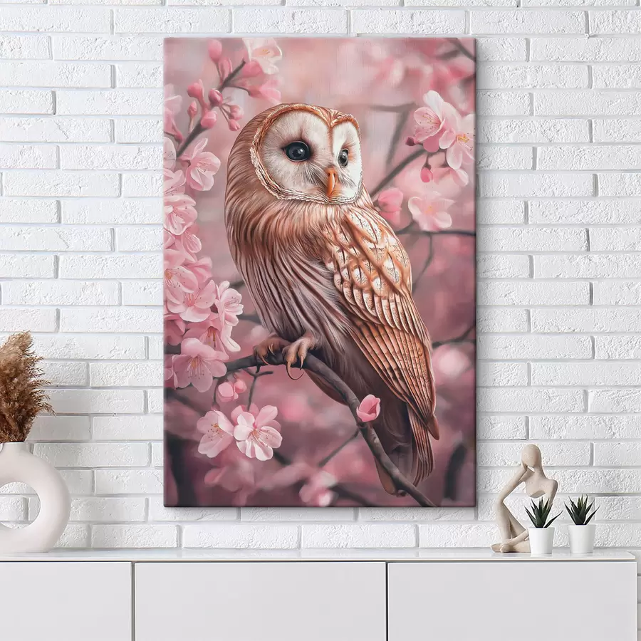 wall murals Owl on the cherry tree, pink flowers, realism, nature s42785