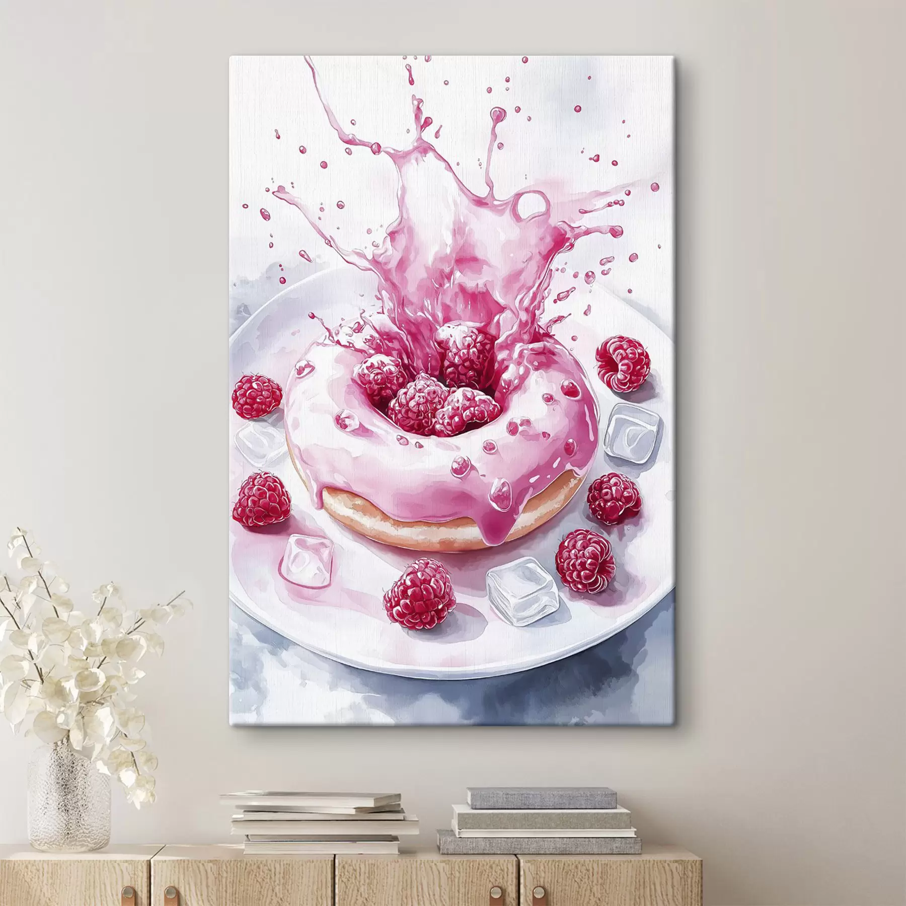 wall murals Delicious donat on the plate, sparkling cream, raspberries, ice s42788