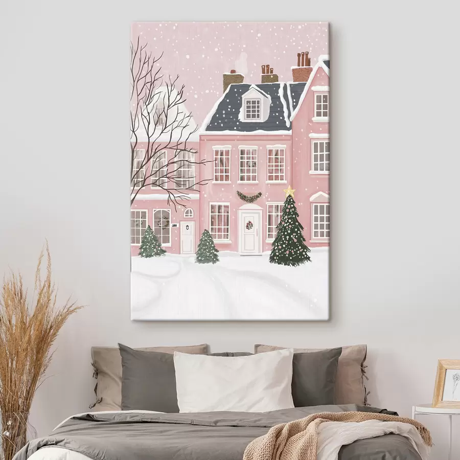 murales Bonitas casas rosas, pinos, paisajes invernales s42791