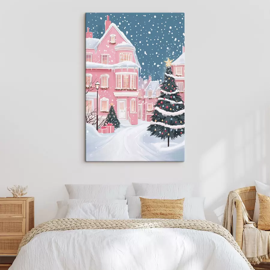 murales Ciudad invernal con casas rosas, árboles de navidad y copos de nieve s42792