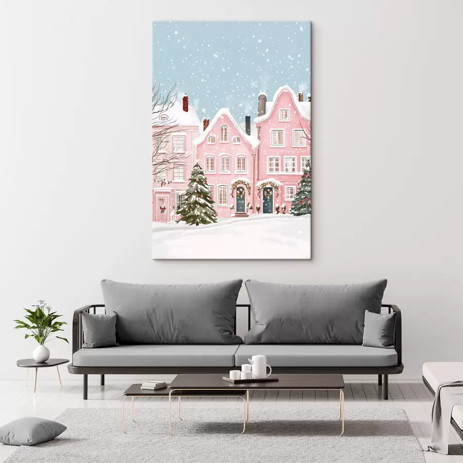 murales Bonita ciudad con bonitas casas rosas, estética invernal, copos de nieve s42793