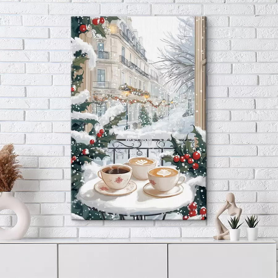 wall murals Winter aesthetics, cups of coffee, restaurant, city street s42794