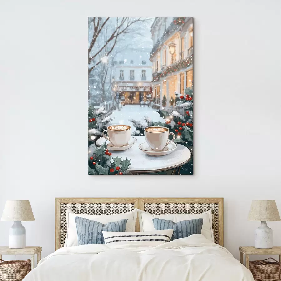 wall murals Cups of coffee in the cozy cafe, winter aesthetics, boho style s42797